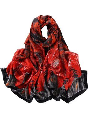 Women's Orange Black Light Silk Like Scarves Flower Print Head Cotton Wrap Scarf
